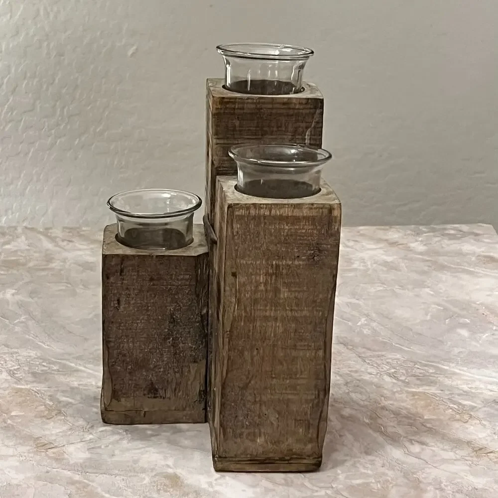 Rustic Square Wood Glass Tealight Holder 10.5